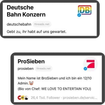 Das Bild zeigt Threads von der Deutschen Bahn und ProSieben