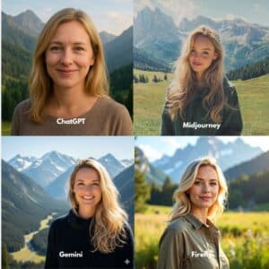 Das Ergebnis von vier verschiedenen KI-Tools (ChatGPT, Midjourney, Gemini, Firefly), die eine freundliche, blonde Frau generieren sollen, die in den Bergen steht. Ein Vergleich.