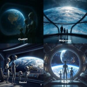 Die Ergebnisse von vier verschiedenen KI-Tools (ChatGPT, Midjourney, Gemini, Firefly), die alle den gleichen Prompt bekommen haben: Eine Alienfamilie, die die Erde wie im Zoo betrachtet. Ein Vergleich.